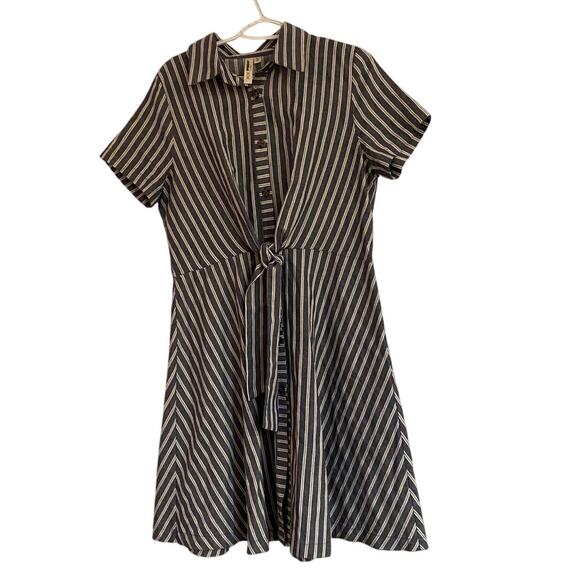 Lara Blue White Striped Button Front Dress Size L Belted Short Sleeve - Picture 4 of 6